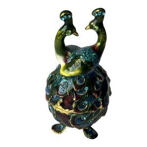 Peacock Enamel Trinket Box Jeweled Egg Magnetic Hinged Lid Rhinestones Ring Box